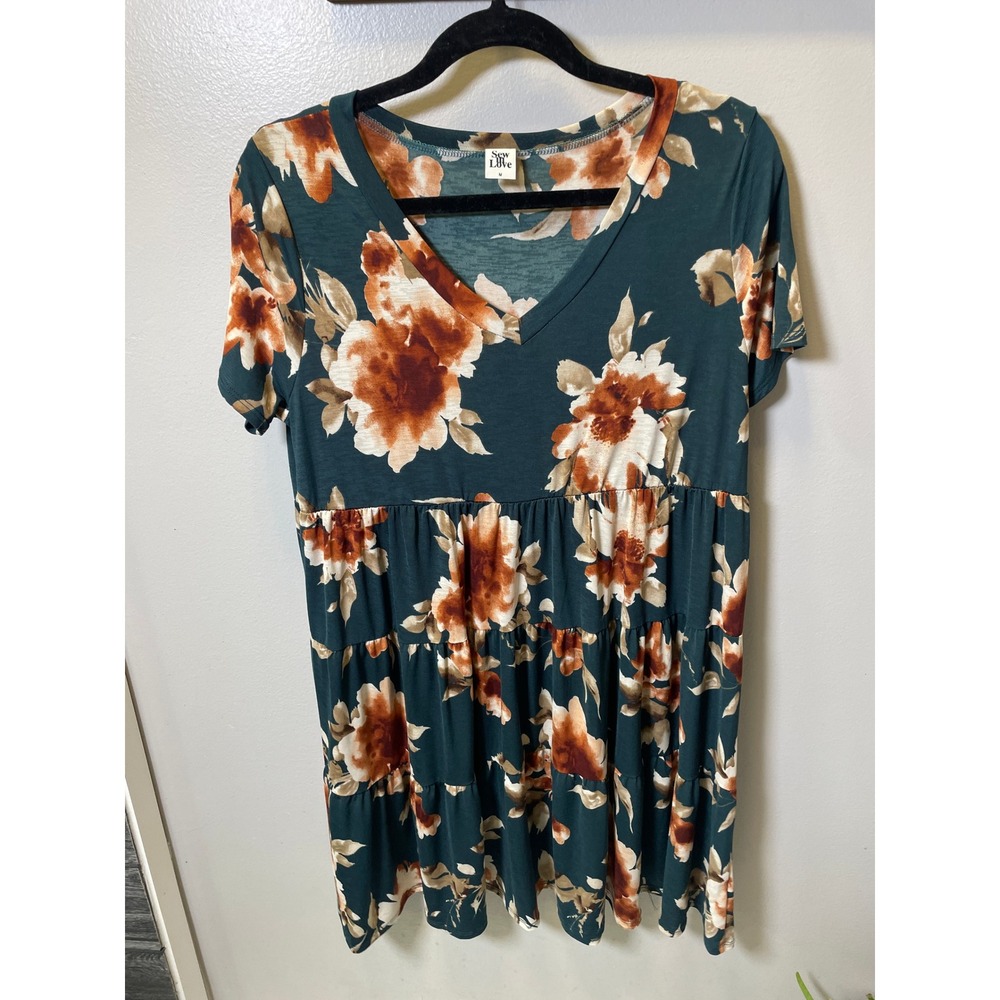 Sew In Love Womens Teal Rust Floral V-Neck Tiered Babydoll Tunic Mini Dress M